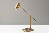 18" Antiqued Brass Metal Cylinder Desk Table Lamp With Gray Globe Shade With Starling LED Bulb