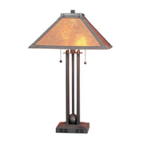 25" Rust Metal Two Light Table Lamp With Amber Square Shade