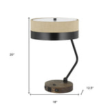 20" Black Metal Two Light Desk Usb Table Lamp With Beige Drum Shade