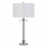 31" Silver Metallic Metal Two Light Table Lamp With White Drum Shade