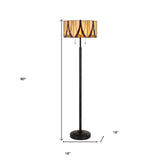 60" Bronze Two Light Traditional Shaped Floor Lamp With Red and Ivory Abstract Tiffany Glass Drum Shade