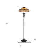 61" Bronze Two Light Traditional Shaped Floor Lamp With Purple and Ivory Abstract Tiffany Glass Empire Shade