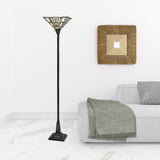 72" Bronze Torchiere Floor Lamp With Gray and Ivory Abstract Tiffany Glass Novelty Shade