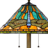 63" Brass Two Light Traditional Shaped Floor Lamp With Blue and Orange Dragonfly Tiffany Glass Empire Shade