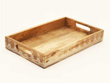 Set Of Three 12" Natural Rectangular Solid Wood Floral Handmade Serving Tray With Handles