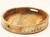 Set Of Three 18" Natural Round Solid Wood Floral Handmade Serving Tray With Handles