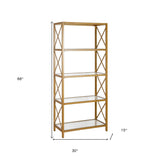 68" Gold Metal And Glass Five Tier Standard Bookcase