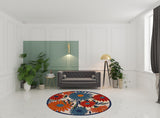 8' Blue and Orange Round Floral Power Loom Area Rug