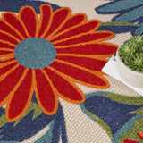 8' Blue and Orange Round Floral Power Loom Area Rug