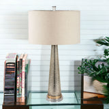 32" Silver Metallic Glass LED Table Lamp With Beige Drum Shade