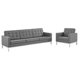 Loft Tufted Upholstered Faux Leather Sofa and Armchair Set by Lefancy