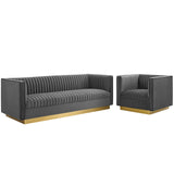 Sanguine Vertical Channel Tufted Upholstered Performance Velvet Sofa and Armchair Set by Lefancy