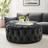 Amour Tufted Button Large Round Performance Velvet Ottoman by Lefancy