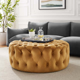 Amour Tufted Button Large Round Performance Velvet Ottoman by Lefancy