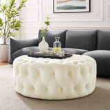 Amour Tufted Button Large Round Performance Velvet Ottoman by Lefancy