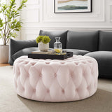 Amour Tufted Button Large Round Performance Velvet Ottoman by Lefancy