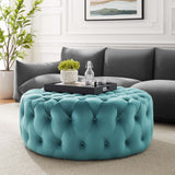 Amour Tufted Button Large Round Performance Velvet Ottoman by Lefancy