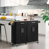 Black, Kitchen Island, Cart, Stainless Steel, Top, 2 Drawers, Cabinet