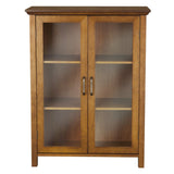 Oak Finish Bathroom Floor Cabinet with 2 Glass Doors & Storage Shelves