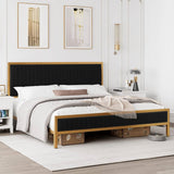 Full size, Gold, Metal, Platform Bed, Frame, Black, Velvet, Upholstered Headboard