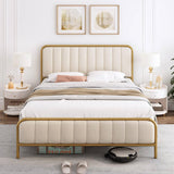 Full size, Gold Metal, Platform Bed, Frame, Off-White, Upholstered Headboard