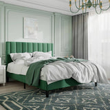 Full size, Modern, Green, Velvet Upholstered, Platform Bed, Headboard