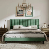 King size, Modern, Green, Velvet Upholstered, Platform Bed, Headboard