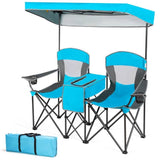 Blue, 2 Seater, Folding, Camping, Canopy, Chairs, Cup, Holder, Storage, Pocket