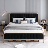 King, Gold, Metal, Platform, Bed Frame, Black, Velvet Upholstered, Headboard