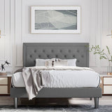 King Size Dark Grey Linen Upholstered Platform Bed with Button-Tufted Headboard