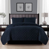 King size 3-Piece Navy Blue Polyester Microfiber Reversible Diamond Quilt Set