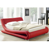 King size Modern Red Faux Leather Upholstered Platform Bed with Curved Headboard