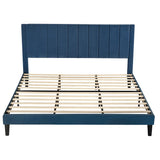 King size, Modern, Navy Blue, Velvet Upholstered, Platform Bed, Headboard