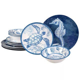 12-Piece, Sea Shells, Ocean Theme, Dinnerware Set, Blue and White, Service for 4