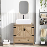 Farmhouse, Wood Finish, Bathroom Vanity, White Sink, Black Faucet, Drain