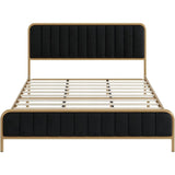 Queen, Gold, Metal, Platform Bed, Frame, Black Velvet, Upholstered Headboard