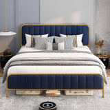 Queen, Gold Metal, Platform Bed, Frame, Navy Blue, Velvet, Upholstered Headboard