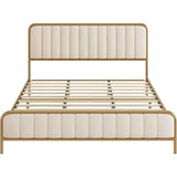 Queen size, Gold, Metal, Platform Bed, Frame, Off-White, Upholstered Headboard