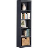 Narrow, 5-Shelf, Bookcase, Slim, Storage Shelving, Unit, Dark Blue, Black, Wood Finish