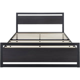 Queen Black Metal Platform Bed Frame with Wood Panel Headboard and Footboard