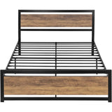 Queen Metal Platform Bed Frame with Brown Wood Panel Headboard and Footboard