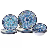 12-Piece, Melamine, Dinnerware, Plates, Bowls Set, Blue Floral Pattern