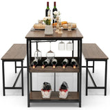 Modern Industrial 3-Piece Metal Wood Dining Set with 2 Benches and Wine Rack