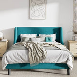 Queen Size Turquoise Linen Blend Upholstered Platform Bed with Wingback Headboard