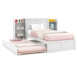 Twin/Twin, White, Wooden, Platform Bed, Trundle, Storage, Headboard, Bookshelf