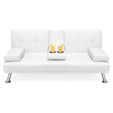 White Faux Leather Convertible Sofa Futon with 2 Cup Holders