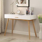 Modern Laptop Writing Desk in White with Natural Mid-Century Style Legs