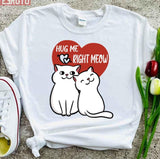 Hug Me Right Meow Couple Cat With Heart Design Unisex T-Shirt