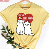 Hug Me Right Meow Couple Cat With Heart Design Unisex T-Shirt